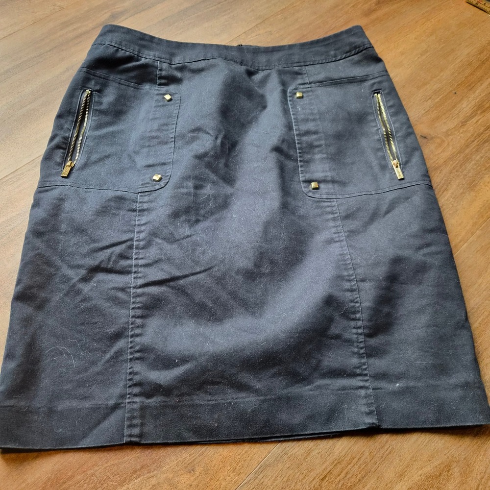 Calvin Klein Womens Navy Pencil Skirt Gold Zip Stud Detail Size 8 Professional
